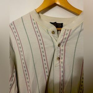 VINTAGE Eddie Bauer Long Sleeve Henley Shirt white red green stripe pattern